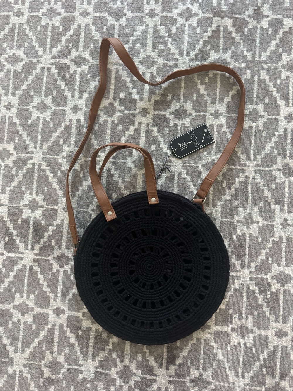 NWT Twig & Arrow Black Crochet Round Crossbody Bag with Brown Strap